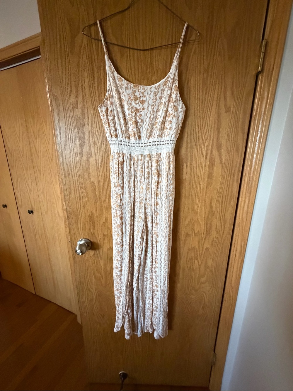Cream and Tan Crochet-Trim Jumpsuit